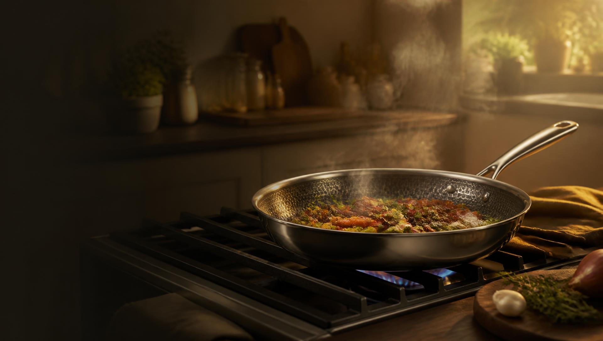Hybrid cookware searing a colorful meal over a gas flame in a warm kitchen