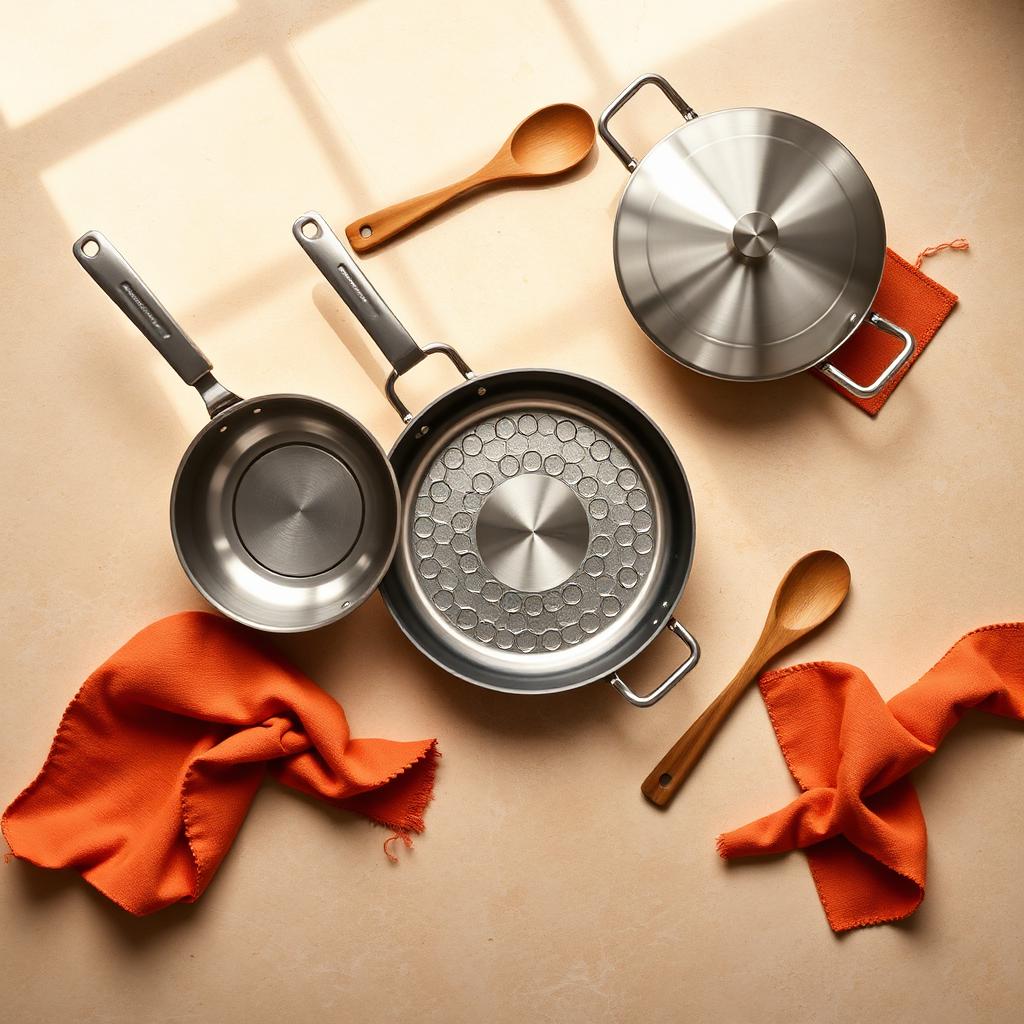 Snowcald hybrid cookware set arranged overhead on a warm stone surface with wooden spoons