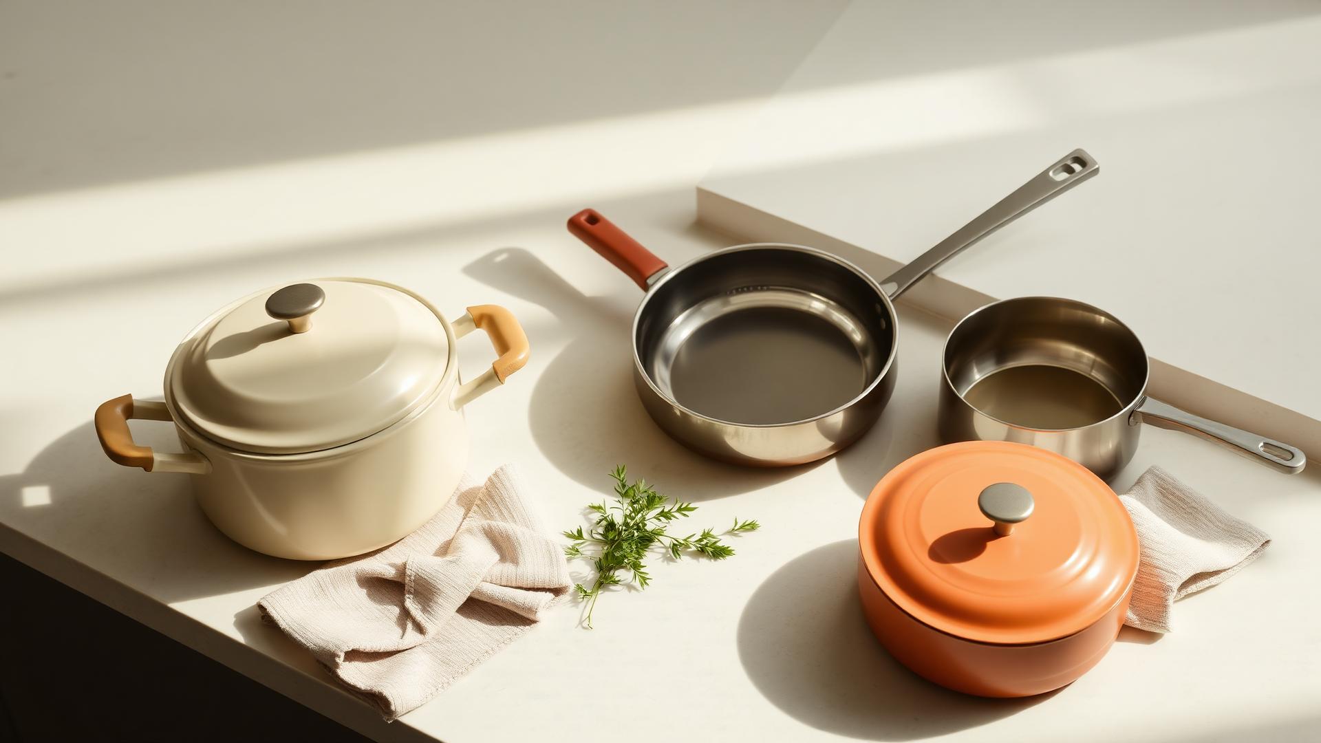 Snowcald hybrid cookware set arranged on a clean stone countertop